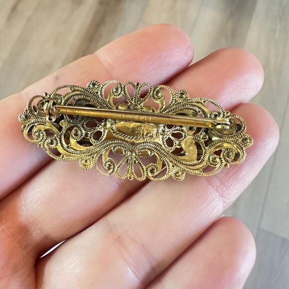 Vintage Jewelry Freirich Gold Filigree Blue Rhinestone Victorian Brooch French - Picture 3 of 5